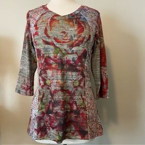 Y2K Cubism Red Floral Pattern Mix 3/4 Sleeve Shirt Medium M Vintage